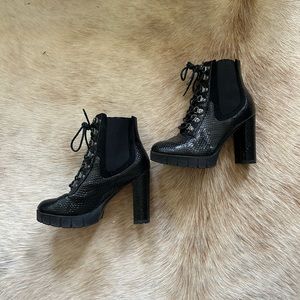 Black boot heels faux alligator leather